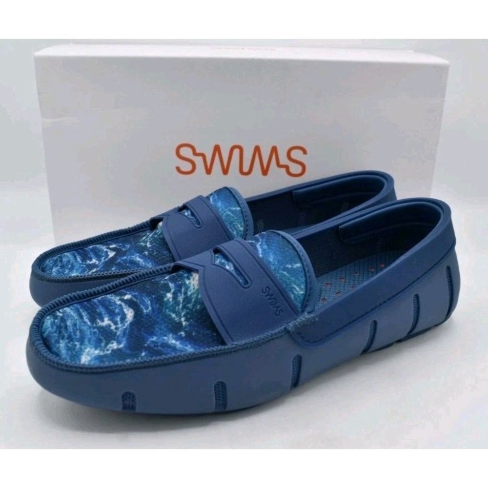 SWIMS Mens Size 13 Ensign Blue Printed Penny Loafers Shoes NIB MSRP $178
